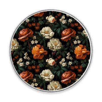 Dutch Nocturne: Luminous Floral Pastoral on black - Round  fridge magnet - white - Front