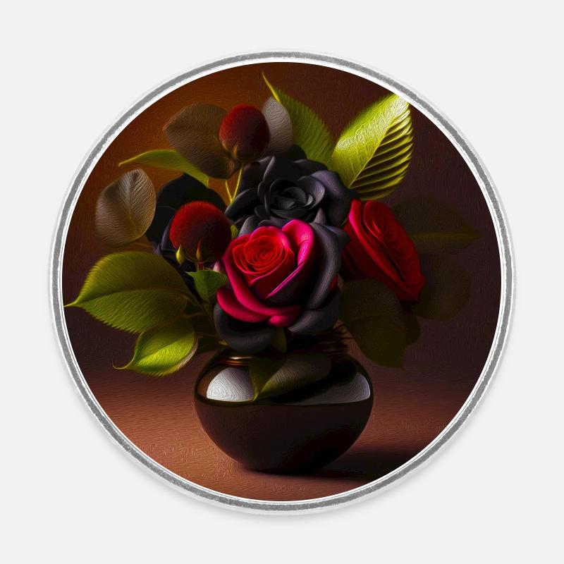 Black Red Roses - Round  fridge magnet - white
