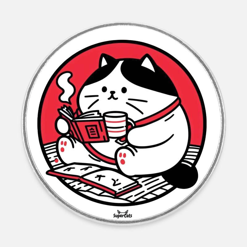 Chat lecteur - Magnet rond - blanc