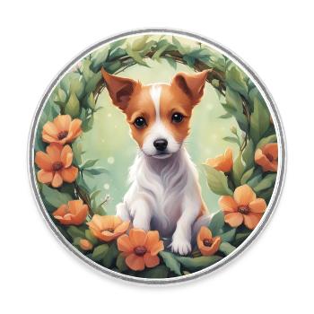 Niedlicher Kawaii Baby Jack Russel Terrier Floral - Runder Kühlschrankmagnet - Weiß - Vorne