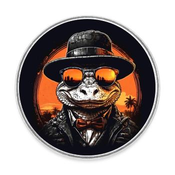 Chic alligator with mirrored glasses, hat and suit - Round  fridge magnet - white - Front