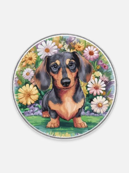 Dackel mit blumen - Runder Kühlschrankmagnet - Weiß