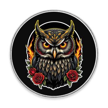 Hibou décoratif avec des vrilles de rose Pétales de rose - Magnet rond - blanc - Devant