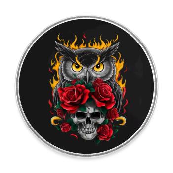 Hibou effrayant avec pétales de rose et crâne - Magnet rond - blanc - Devant