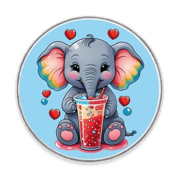 Un petit éléphant mignon boit de la limonade - Magnet rond - blanc - Devant