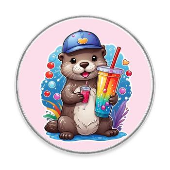 Kleiner Süßer Otter trinkt mit Strohhalm Limonade - Runder Kühlschrankmagnet - Weiß - Vorne