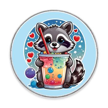 kleiner süßer Waschbär mit Limonade und Strohhalm - Runder Kühlschrankmagnet - Weiß - Vorne