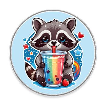 kleiner süßer Waschbär mit Limonade und Strohhalm - Runder Kühlschrankmagnet - Weiß - Vorne