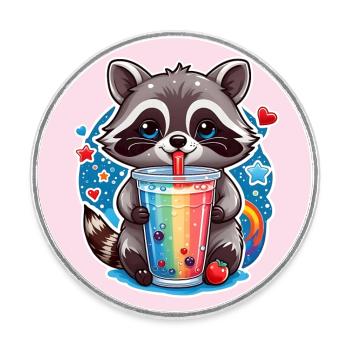 kleiner süßer Waschbär mit Limonade und Strohhalm - Runder Kühlschrankmagnet - Weiß - Vorne