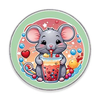 Little Cute Mouse with Refreshment and Straw - Round  fridge magnet - white - Front