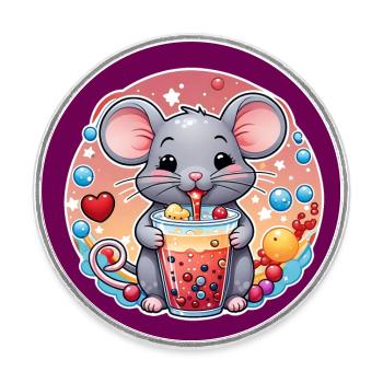 Little Cute Mouse with Refreshment and Straw - Round  fridge magnet - white - Front