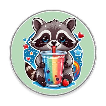 kleiner süßer Waschbär mit Limonade und Strohhalm - Runder Kühlschrankmagnet - Weiß - Vorne