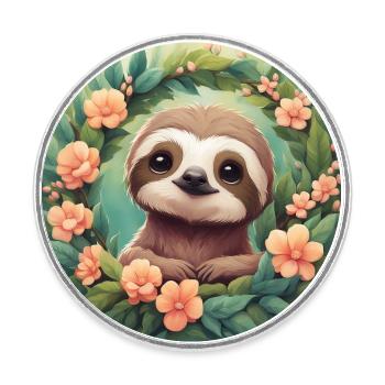 Süße Kawaii Baby Faultier Blumen - Runder Kühlschrankmagnet - Weiß - Vorne