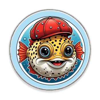 Drôle de poisson-globe avec casquette de baseball rouge - Magnet rond - blanc - Devant