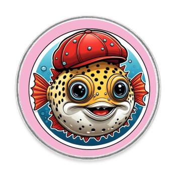 Lustiger Kugelfisch mit roter Basecap - Runder Kühlschrankmagnet - Weiß - Vorne