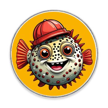Drôle de poisson-globe avec casquette de baseball rouge - Magnet rond - blanc - Devant