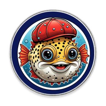 Drôle de poisson-globe avec casquette de baseball rouge - Magnet rond - blanc - Devant