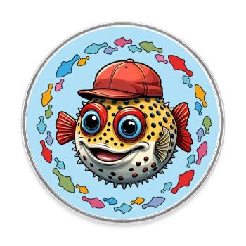 Poisson-globe avec casquette de baseball rouge et poisson coloré - Magnet rond - blanc - Devant