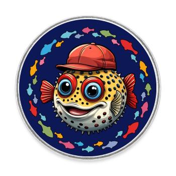 Poisson-globe avec casquette de baseball rouge et poisson coloré - Magnet rond - blanc - Devant