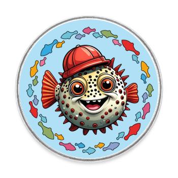 Poisson-globe avec casquette de baseball rouge et poisson coloré - Magnet rond - blanc - Devant