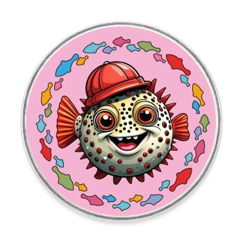 Poisson-globe avec casquette de baseball rouge et poisson coloré - Magnet rond - blanc - Devant