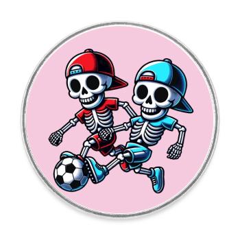 Lustige Skelette mit Basecap spielen Fussball - Runder Kühlschrankmagnet - Weiß - Vorne
