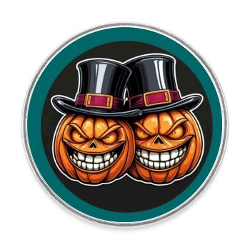 Zwei grinsende Halloweenkürbisse mit Zylinder - Runder Kühlschrankmagnet - Weiß - Vorne
