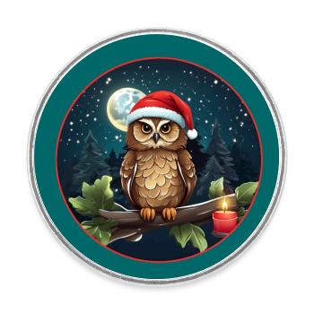 Mignon hibou avec chapeau de Père Noël assis sur une branche - Magnet rond - blanc - Devant