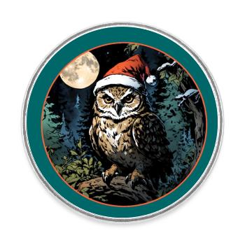 Mignon hibou avec chapeau de Père Noël assis sur une branche - Magnet rond - blanc - Devant