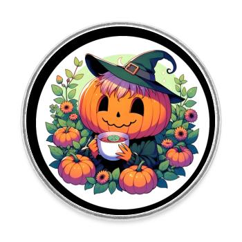 Halloween Kürbis mit Hut trinkt eine Tasse Tee - Runder Kühlschrankmagnet - Weiß - Vorne