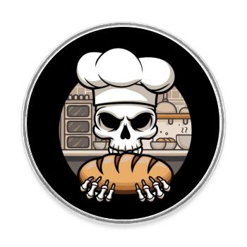 Skull mit Bäckermütze und Brot in der Backstube - Runder Kühlschrankmagnet - Weiß - Vorne