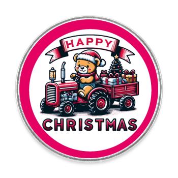 Teddy comme le Père Noël avec tracteur - Magnet rond - blanc - Devant