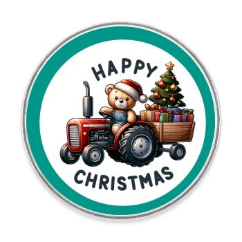 Teddy comme le Père Noël avec tracteur - Magnet rond - blanc - Devant
