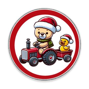 Teddybär fährt Traktor mit kleiner gelber Ente - Runder Kühlschrankmagnet - Weiß - Vorne