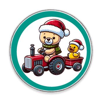 Teddybär fährt Traktor mit kleiner gelber Ente - Runder Kühlschrankmagnet - Weiß - Vorne