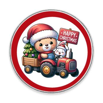 Teddy als Weihnachtsmann mit Traktor und Hase - Runder Kühlschrankmagnet - Weiß - Vorne