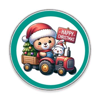 Teddy als Weihnachtsmann mit Traktor und Hase - Runder Kühlschrankmagnet - Weiß - Vorne