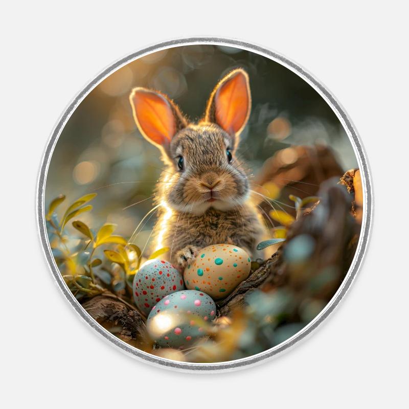 Osterhase mit Eiern - Runder Kühlschrankmagnet - Weiß