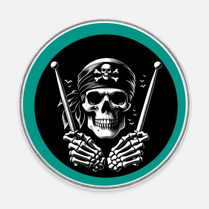 Skull Pirate with Drumsticks in Bone Hands - Round fridge magnet - white