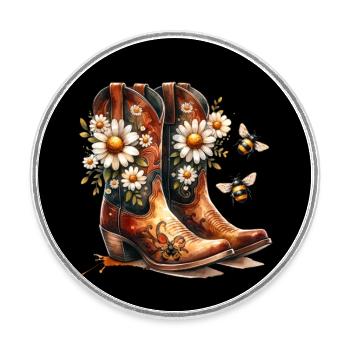 Line Dance Stiefel mit Blumen - Runder Kühlschrankmagnet - Weiß - Vorne
