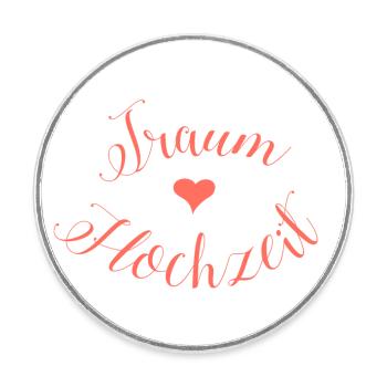Lettrage de mariage de rêve avec des coeurs en rouge corail - Magnet rond - blanc - Devant