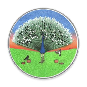 Two Birds Play Go on the Feathers of a Peacock - Round  fridge magnet - white - Front