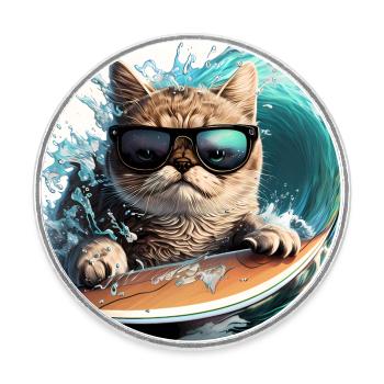 Surf Cat - Round  fridge magnet - white - Front