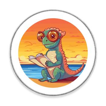 Caméléon Mignon Drôle Dessin Animé Kawaii Livre Plage - Magnet rond - blanc - Devant