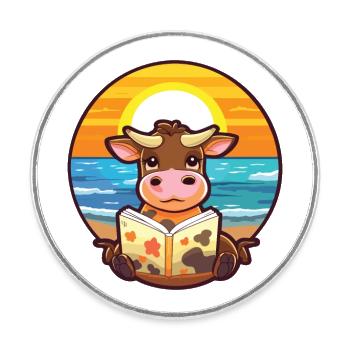 Vache Mignon Drôle Dessin Animé Kawaii Livre Plage - Magnet rond - blanc - Devant