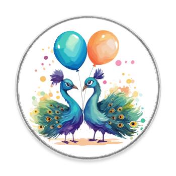 Paons Kawaii dessin animé animal de compagnie jouant avec des ballons - Magnet rond - blanc - Devant