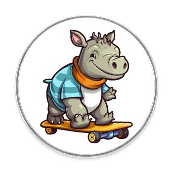 Funny Rhino Kawaii Cartoon Pet Playing Skateboard - Round  fridge magnet - white - Front
