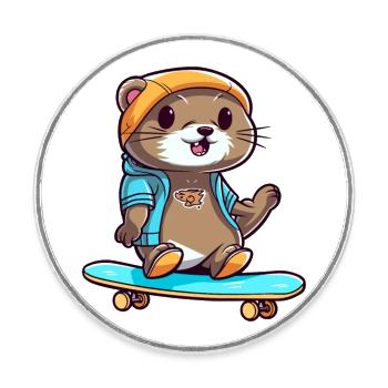 Drôle Loutre Kawaii Cartoon Pet Jouer Skateboard - Magnet rond - blanc - Devant