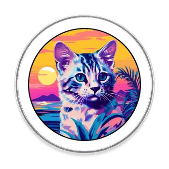 Australische gefleckte Nebelkatze, Aquarell-Cartoon-Haustier - Runder Kühlschrankmagnet - Weiß - Vorne