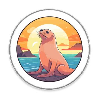 Sea Lion Colorful Watercolor Cartoon Kawaii Animal - Round  fridge magnet - white - Front